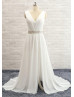 V Neck Ivory Chiffon Lace Split Front Beach Wedding Dress